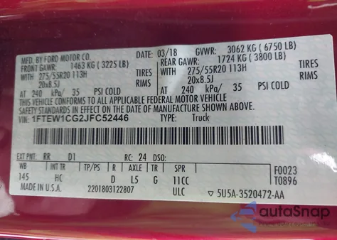 2018 Ford F-150 Lariat z USA, uszkodzony, nr VIN 1FTEW1CG2JFC52446